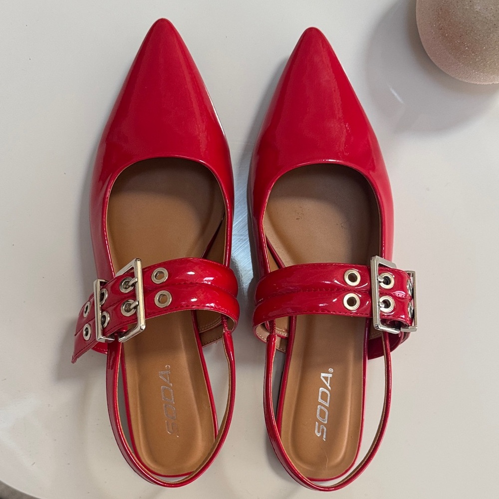 Soda Red Mary Jane Flats with Adjustable Strap